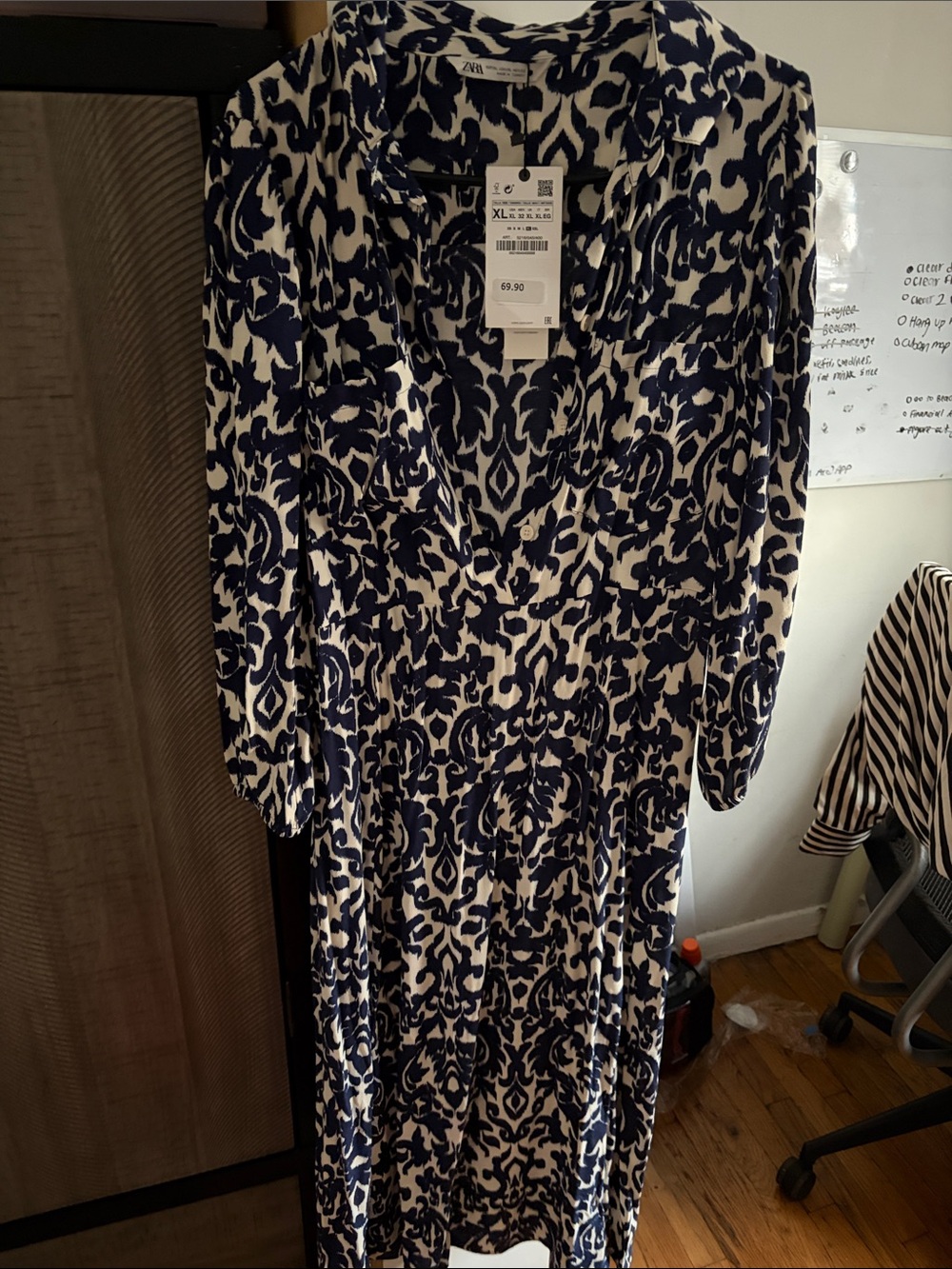 Zara Navy and White Printed Shirt Midi Dress with Collar